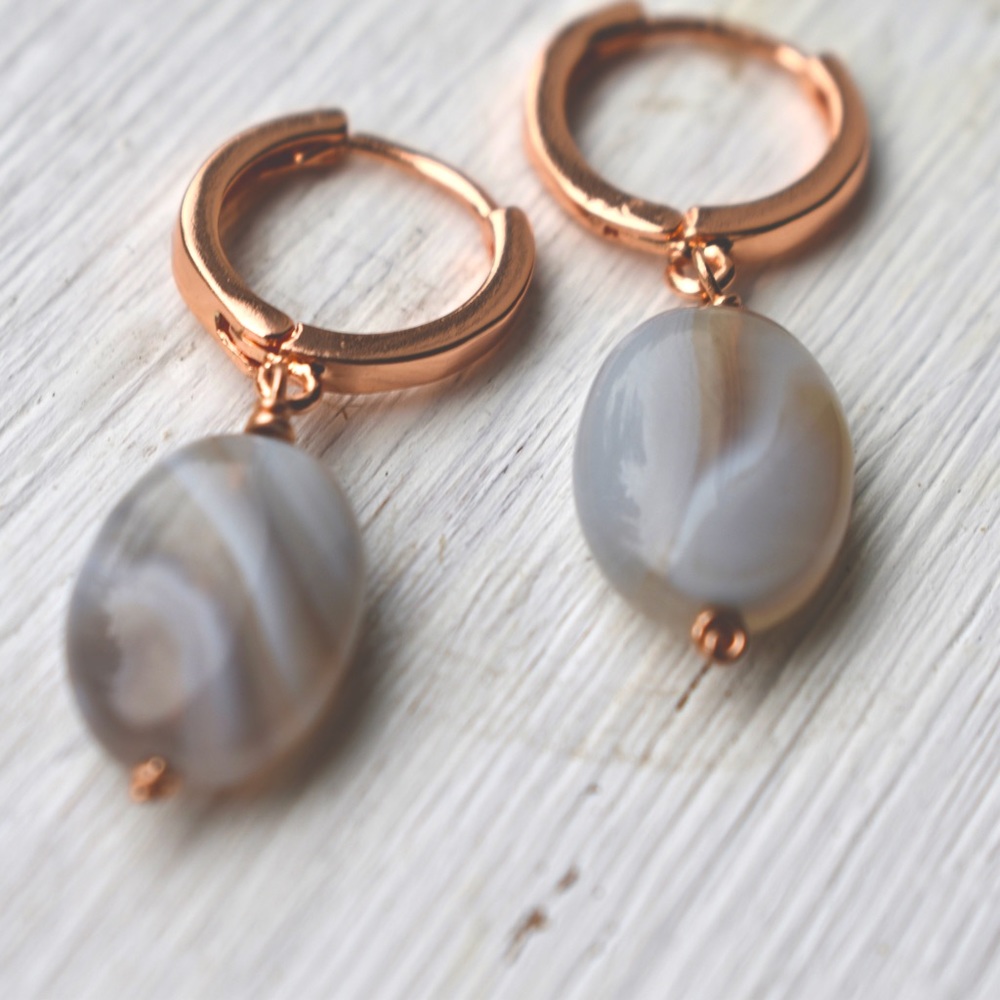 14k Rose Gold Filled Lever Back Huggie Hoop  with Botswana Agate